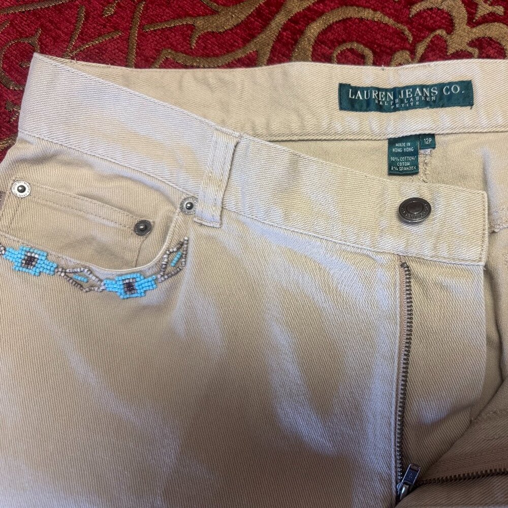 Ralph Lauren - Native Inspired, Beaded, Tan Jeans  Size 12  -  33/29